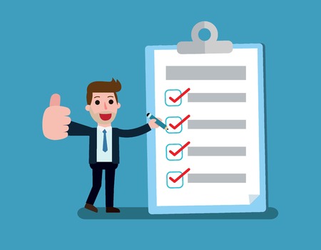Happy businessman holding a pencil looking at completed checklist on clipboard.Concept of check clipboard.Vector flat cartoon character icon design.illustration isolated on backgroudのイラスト素材