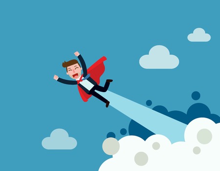 A super businessman in red capes flying upwards to success with confident.Vector flat cartoon character icon design.illustration isolated on backgroud.business people concept.のイラスト素材