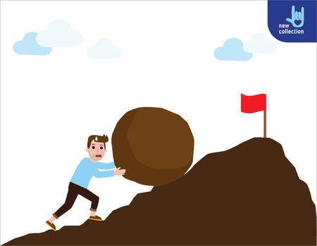 A strong man pushing a big rock up the hill to reach the goal on top.Hard work. challenge. mission. and accomplishment concept.Vector flat cartoon character icon design illustration.のイラスト素材