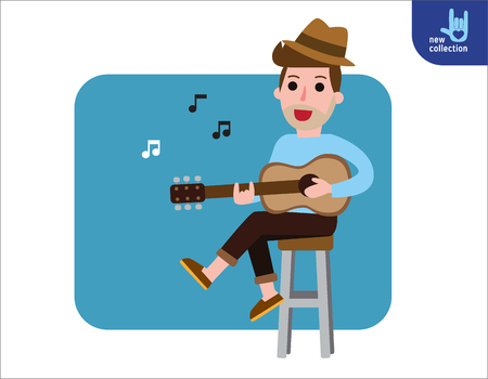 A young man sitting on chair playing guitar and sings a song.Vector flat style cartoon character people design illustrationIsolated on white background.のイラスト素材