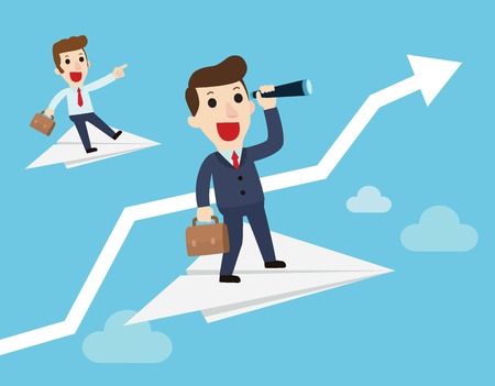 Businessman with binoculars and briefcase in hand flies on paper plane. Business concept of vision. Searching for new opportunity. Path to success.
Telescope vector flat cartoon character design illustration.のイラスト素材