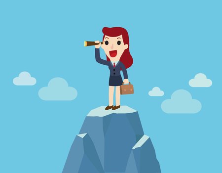 Successful business woman holding spy glass, standing on top of mountain searching for business opportunity,vision finance concept in flat cartoon character design illustration.のイラスト素材