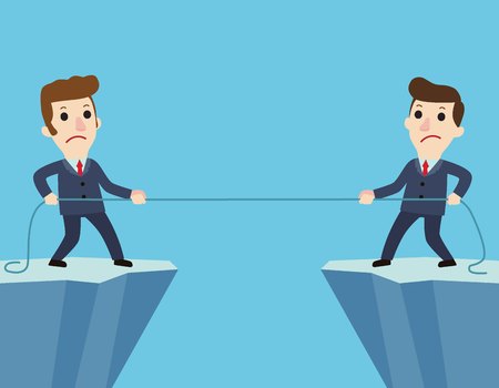 Businessmen in suit pulling the rope at edge of cliff, competition concept illustration.のイラスト素材