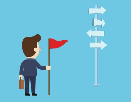 Decision. Concept business.businessman with flag in hand and looks at arrows pointing to many directions.のイラスト素材