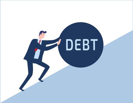 Pushing the debt to the top.risk business concept vector people flat design illustration isolated background.のイラスト素材