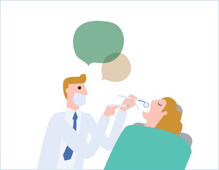 Male dentist, medical treatment to a female patient at the clinic. Health care concept vector people flat design illustration isolated background.のイラスト素材