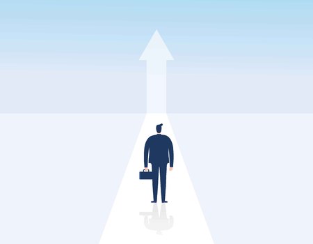 Business growth vector concept.man walking towards upwards arrow.Symbol of success, promotion,career development.Vector flat cartoon character design illustration.のイラスト素材