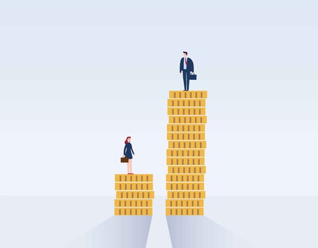 Gender gap and inequality in salary,pay vector concept. Businessman and businesswoman on piles of coins.discrimination, difference, injustice.Vector illustration flat cartoon character designのイラスト素材