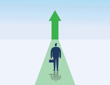 Business growth vector concept.man walking towards upwards arrow.Symbol of success, promotion,career development.Vector flat cartoon character design illustration.のイラスト素材