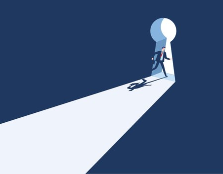 Businessman running through a keyhole exit. Business solution to problem concept.のイラスト素材