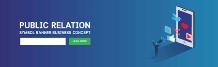Banner pr public relation.Business concept web page header marketing Businessman communicates through a megaphone.Vector illustration cartoon background3d isometric flat design Eps10のイラスト素材