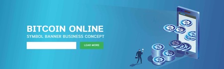 Bitcoin online currency payment banner.Digital money market, investment, finance and trading.wallet business concept.Smart phone screen with money.header web page 3d isometricVector illustrationのイラスト素材