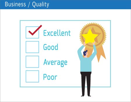Excellent, Premium quality labels concept. Tick placed in excellent checkbox. Quality work, Positive review, Star rating, Feedback, Evaluation system, gold star Banner vector illustration design.のイラスト素材