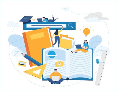 online training courses vector illustration.distance education banner.internet studying book tutorials e-learning concept.young student using laptop.flat cartoon character design for web mobileのイラスト素材