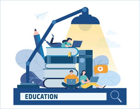 Education online vector illustration. Internet studying book tutorials concept. Training courses distance banner design. Young student using laptop with e-learning, flat cartoon character for web mobile.のイラスト素材