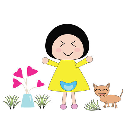 Illustration little girl in yellow dress and dog smile in love plant gardenのイラスト素材