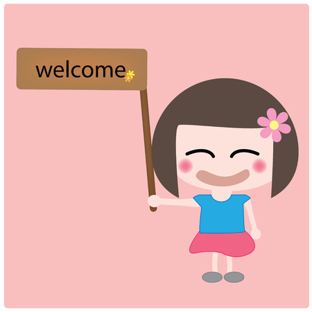 Illustration girl and welcome label on the pink backgroundのイラスト素材
