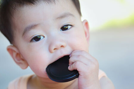Close up asian baby look at camera, solf focus