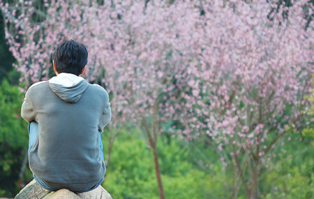 Asian man sitting in the Chinese-plum park, feel lonelyの写真素材