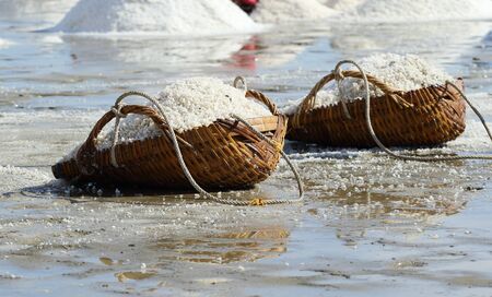 sea salt in the bucket on the salt farmland, Thailand