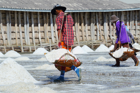 Phetchaburi, Thailand - March 2: Agriculture in Thailand, Workers working in the salt farm in Phetchaburi, Thailand on May 22, 2015.のeditorial素材