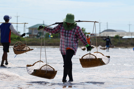 Phetchaburi, Thailand - September 9, 2015: Agriculture in Thailand, Workers working in the salt farm in Phetchaburi, Thailand.のeditorial素材
