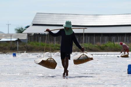 Phetchaburi, Thailand - September 9, 2015: Agriculture in Thailand, Workers working in the salt farm in Phetchaburi, Thailand.のeditorial素材