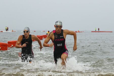 Chonburi, Thailand - February 21, 2016: Bangsaen Triathon Tour Series 2016 event at Bang Saen beach in Chonburi.のeditorial素材