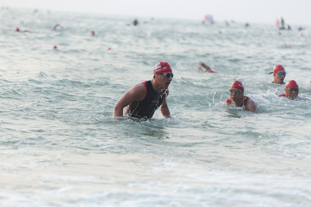 Phetchaburi, Thailand - March 19, 2016: The Amarin Outdoor Unlimited International Triathlon 2016 event at Naresuan Camp, Cha-am beach in Phetchaburi.のeditorial素材