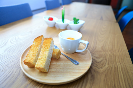 breakfast in the morning, bread and Soft-boiled eggの写真素材