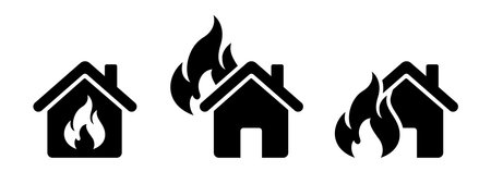 House on fire icons. Home fire symbol icon vector. House building in flames illustration sign. Insurance symbol.のイラスト素材