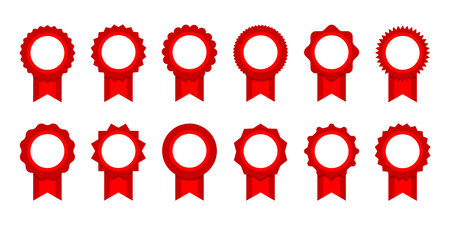 Red ribbon and banner. Medal set with ribbon. Red award badges. Set of premium quality and guarantee labels. Vector illustrationのイラスト素材