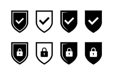 Security shield icon set. Security shield logotypes with check mark and padlock. Security shield symbols.のイラスト素材