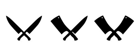 Restaurant knives set. Knife silhouette vector designs. Meat knives. Chef's knife and Meat cleaver. Butcher knife icons with x shape, vector illustrationのイラスト素材