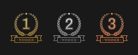 Award golden, silver, and bronze laurel wreaths with ribbons of First, second, and third winners.のイラスト素材