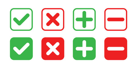 Set of square check mark, X mark, plus sign and minus sign icons, buttons isolated on a white backgroundのイラスト素材