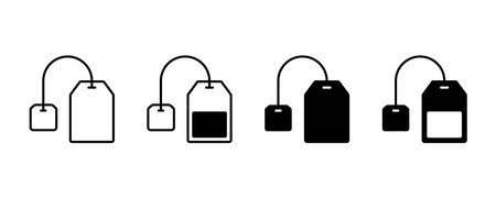 Tea bag icon set. Teabag symbol. Herbal drink packaging label.のイラスト素材