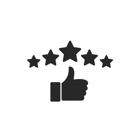 Five stars rating review icon. Customer review 5 stars rating with thumb up vector illustrationのイラスト素材