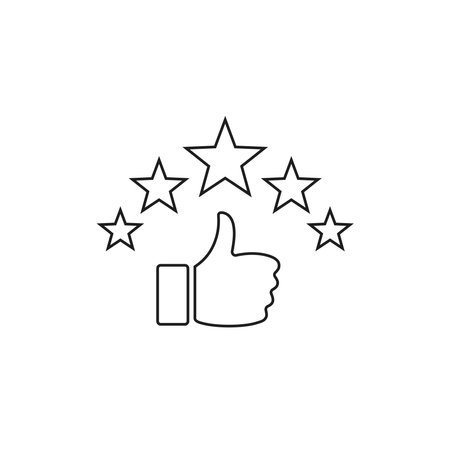Thumb up with stars rating icon. Five stars rating review icon. Feedback, Best seller, Quality icon.のイラスト素材