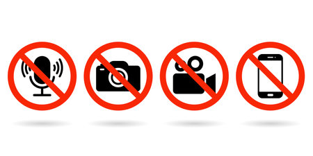 No Video, photo, phone, or sound recording forbidden icons. Photo, video, and phone prohibition symbol sign set. No photographing and filming prohibit icon logo collection.のイラスト素材
