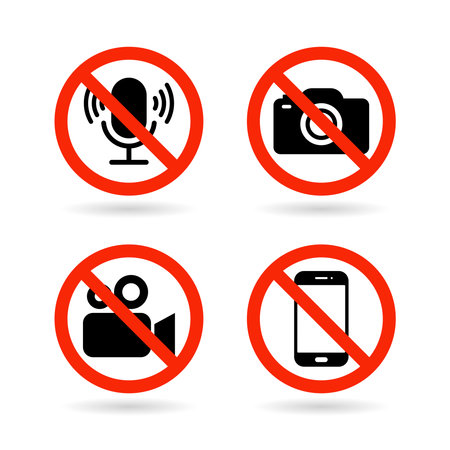 No Video, photo, phone, or sound recording forbidden icons. Photo, video, and phone are not allowed sign. No photographing and filming prohibit icon collection.のイラスト素材