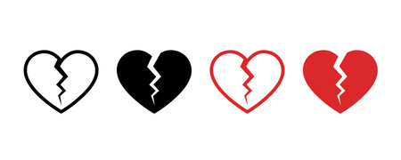 Broken heart vector icons set. Cracked heart flat vector icons. Heartbreak or divorce flat and line icon set.のイラスト素材