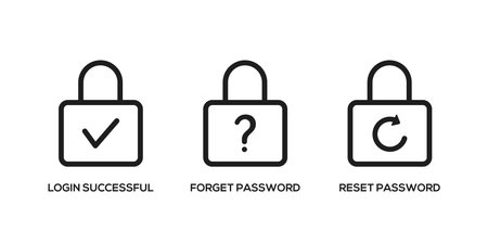 Forget password icon. Reset password icon. Login icon. Account protection, security key, and wrong...