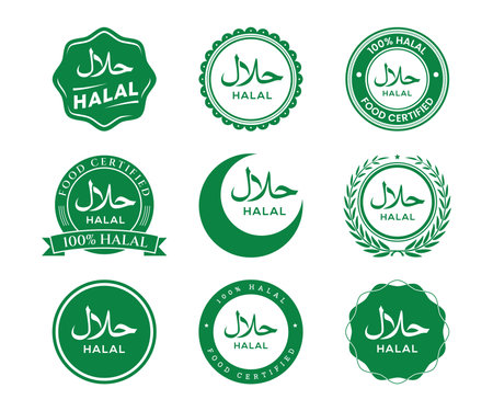 Halal food products labels. Halal sign set. Halal certificate tag. Green colors halal food logo setのイラスト素材