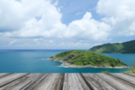 Wooden  floor and wood pier with blue sea and sky backgroundの写真素材