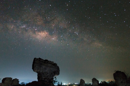 soft focus and blurry and Long exposure photograph with gain of the Milky Way galaxy on dark night at thailandの写真素材