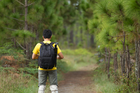 Blurry of Camping Friendship Walking Backpacker and Camp Forest Adventure Travel Remote Relax Conceptの写真素材
