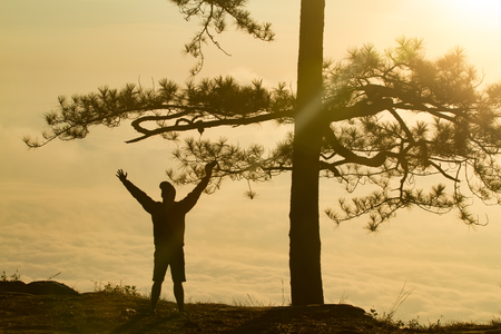 silhouette of men show arm up for achievements successful and celebrating success on sunset and silhouette of businessman  on mountainの写真素材