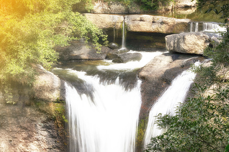 Haew Suwat waterfall in deep forest at Khao Yai National Park, Thailandの写真素材
