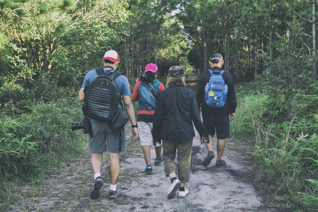 Blurry of Camping Friendship Walking Backpacker and Camp Forest Adventure Travel Remote Relax...